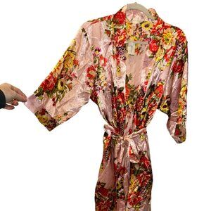Miss to Mrs NEW Stunning pink yellow cabbage rose floral print satin rob…